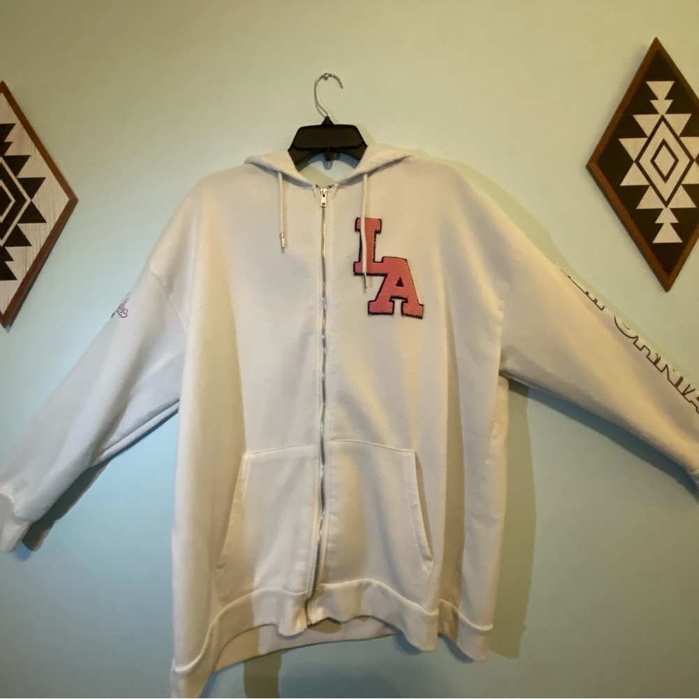 Cream Hoodie with Pink Lettering